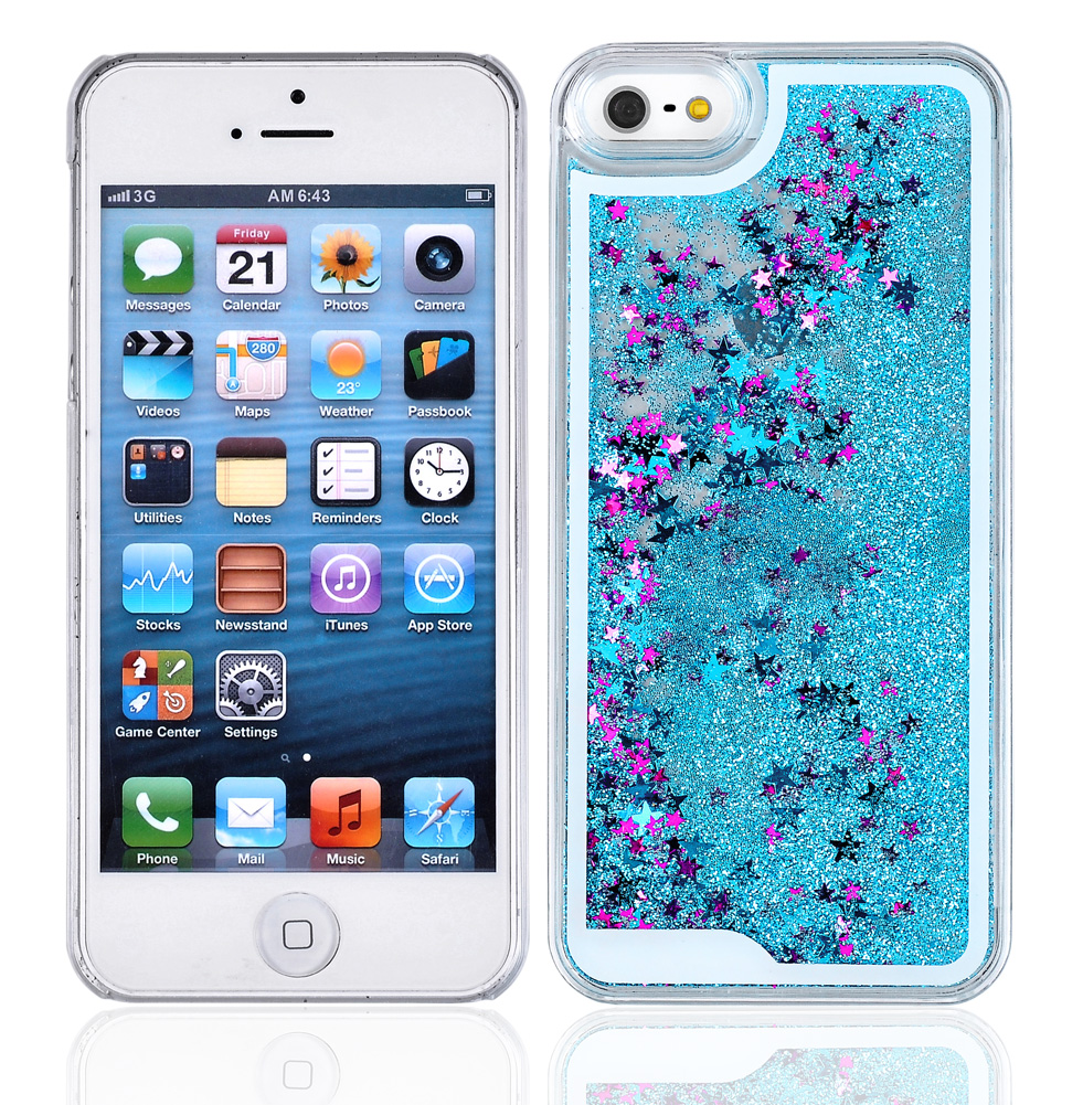 Yoption Transparent Plastic 3D Glitter Quicksand and Star Liquid Case for Apple Iphone 5 5S (Blue)